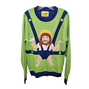 Tipsy Elves Sweater Mens Size M Sweet Baby Jesus Ugly Christmas Green Blue